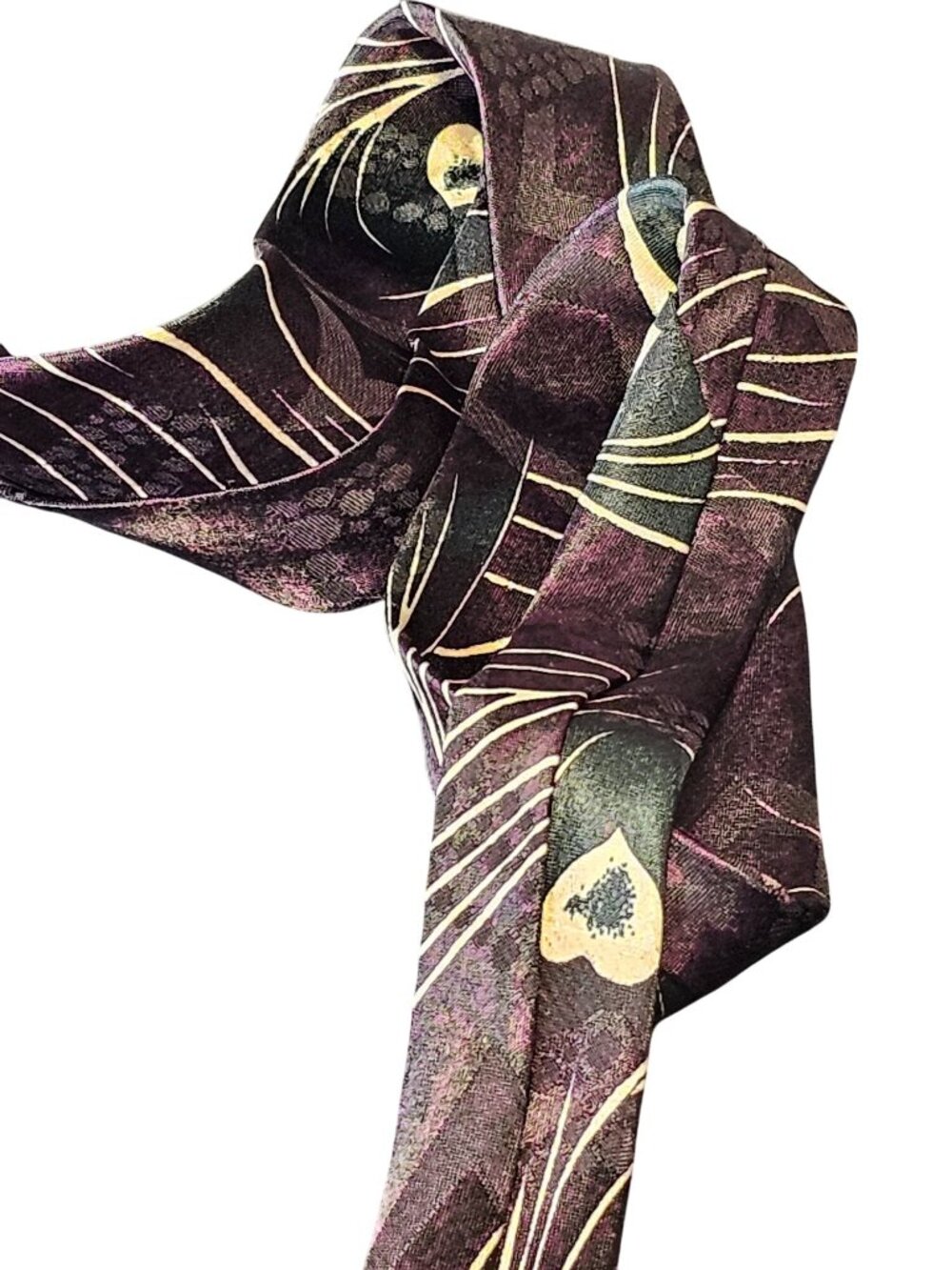 Vintage Bossanoba Silk Tie With Purple & Cream Abstract Floral and Heart Design - Picture 10 of 10